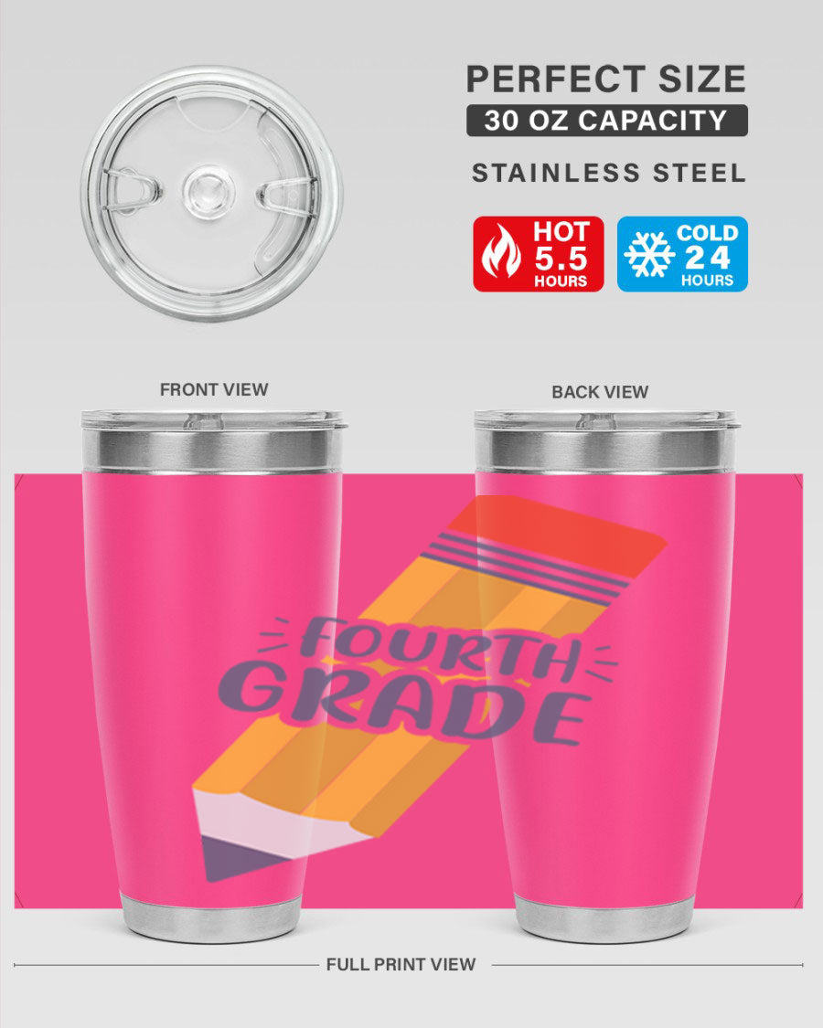 A sleek fourth gradee 20oz tumbler made of double wall vacuum stainless steel, featuring a press-in drink-thru lid, perfect for hot and cold beverages.