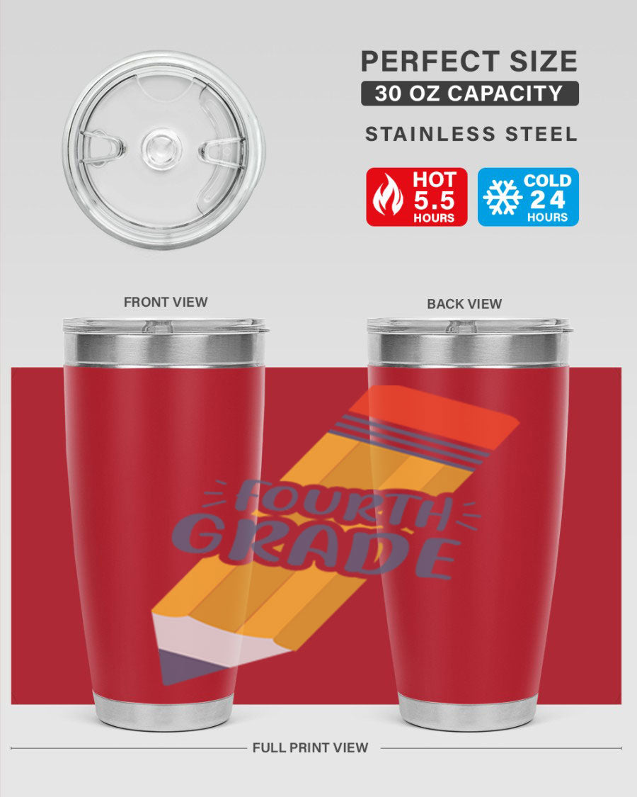 A sleek fourth gradee 20oz tumbler made of double wall vacuum stainless steel, featuring a press-in drink-thru lid, perfect for hot and cold beverages.