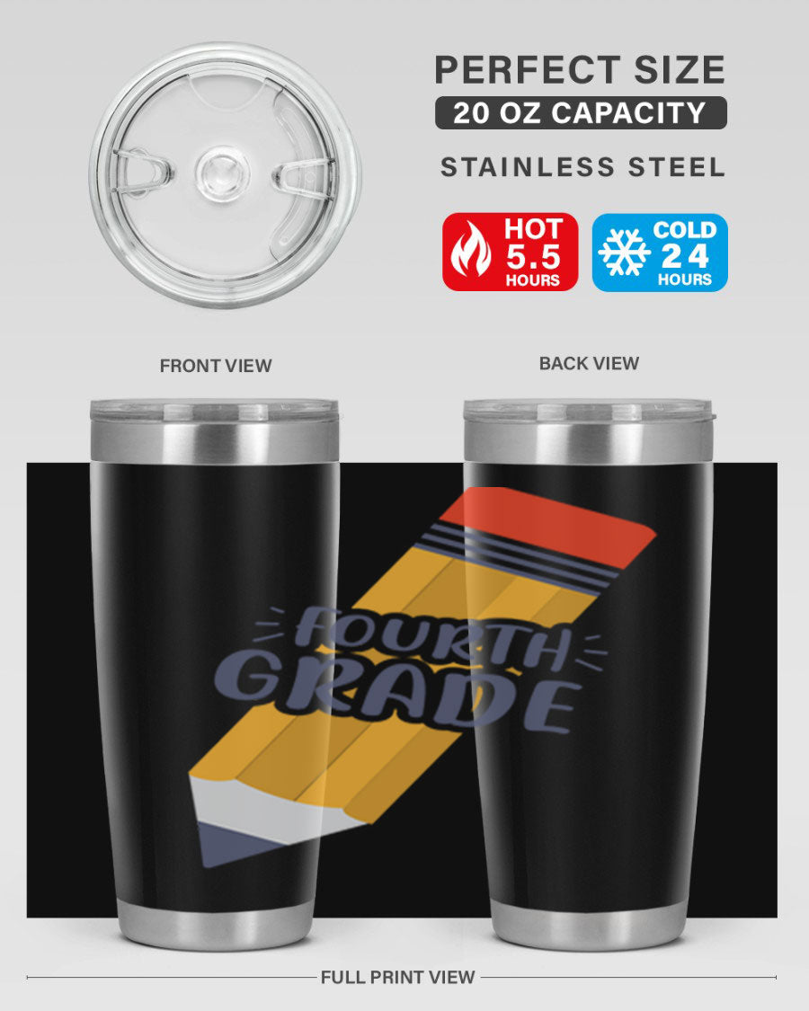A sleek fourth gradee 20oz tumbler made of double wall vacuum stainless steel, featuring a press-in drink-thru lid, perfect for hot and cold beverages.