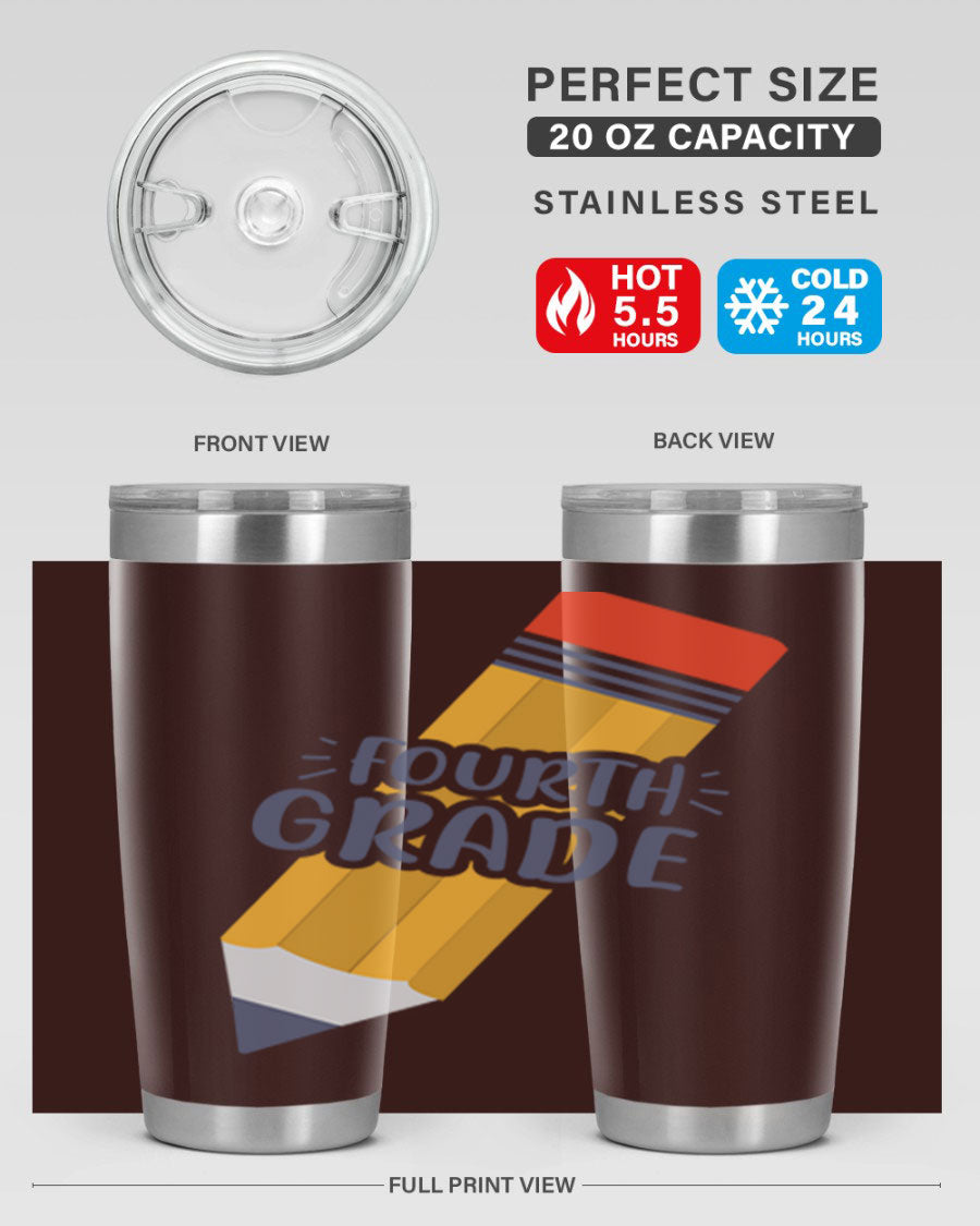 A sleek fourth gradee 20oz tumbler made of double wall vacuum stainless steel, featuring a press-in drink-thru lid, perfect for hot and cold beverages.