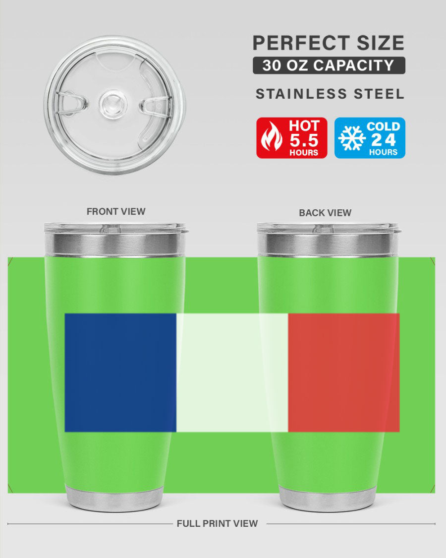 France 137# Tumbler featuring the French flag design, made of double wall vacuum stainless steel with a drink-thru lid.