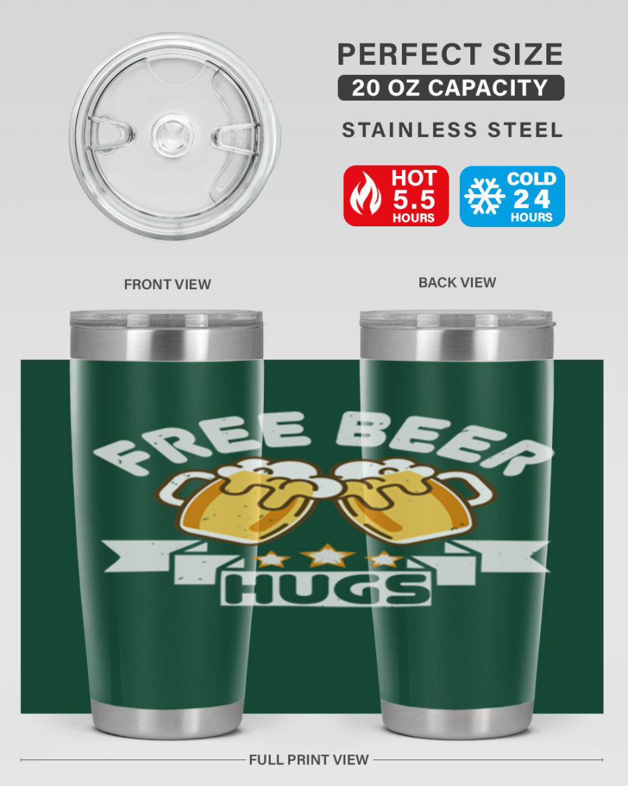 Free Beer Hugs 20oz Tumbler made of stainless steel with a drink-thru lid, showcasing its sleek design and vibrant print.