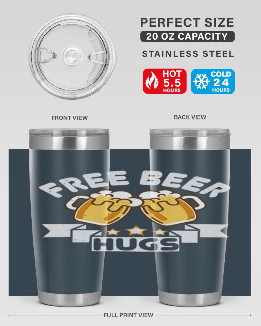 Free Beer Hugs 20oz Tumbler made of stainless steel with a drink-thru lid, showcasing its sleek design and vibrant print.