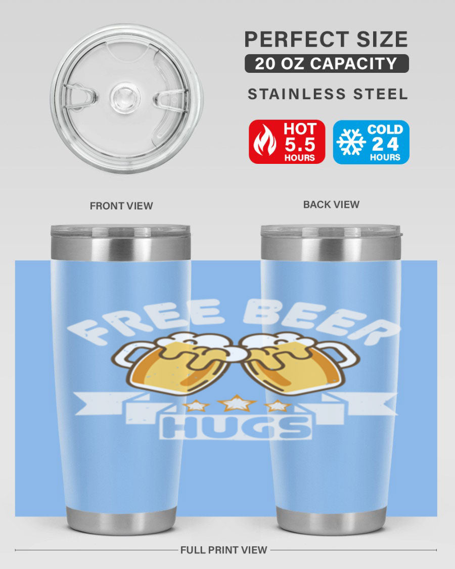 Free Beer Hugs 20oz Tumbler made of stainless steel with a drink-thru lid, showcasing its sleek design and vibrant print.