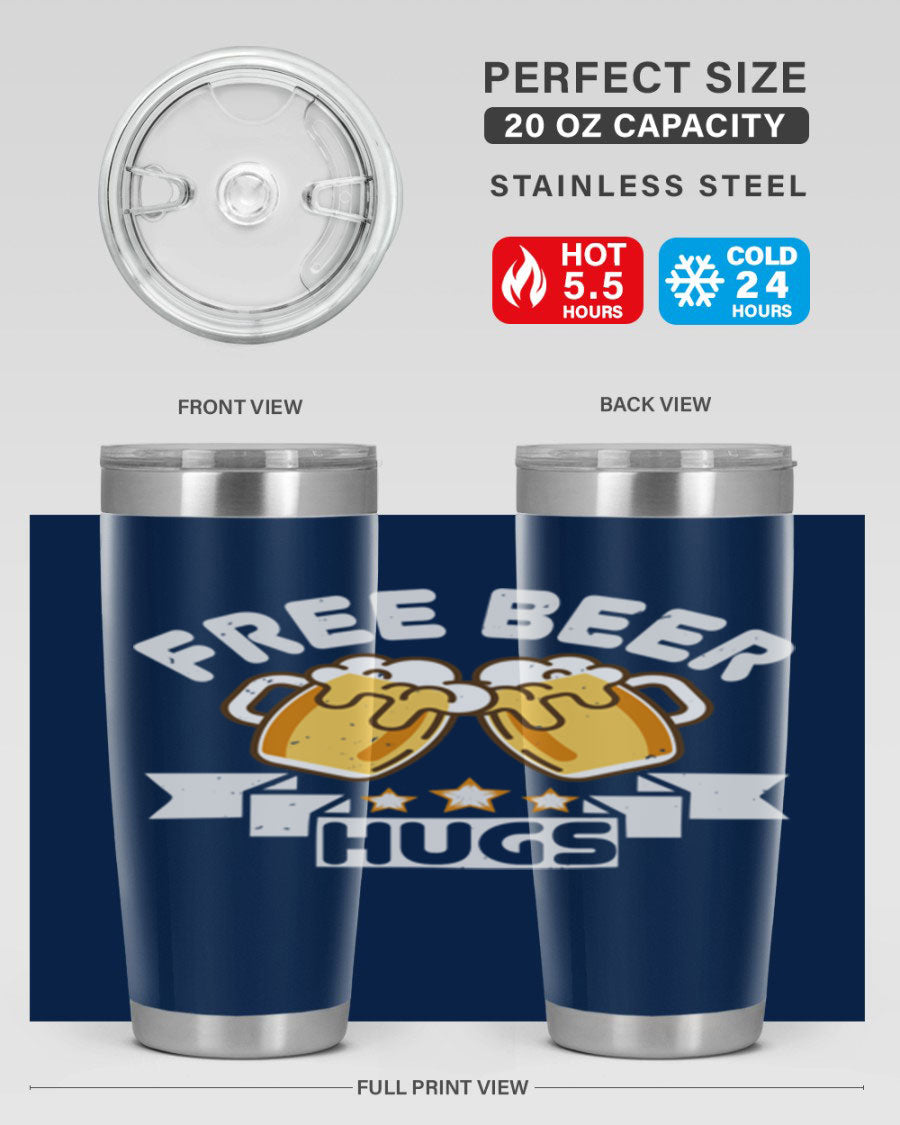 Free Beer Hugs 20oz Tumbler made of stainless steel with a drink-thru lid, showcasing its sleek design and vibrant print.