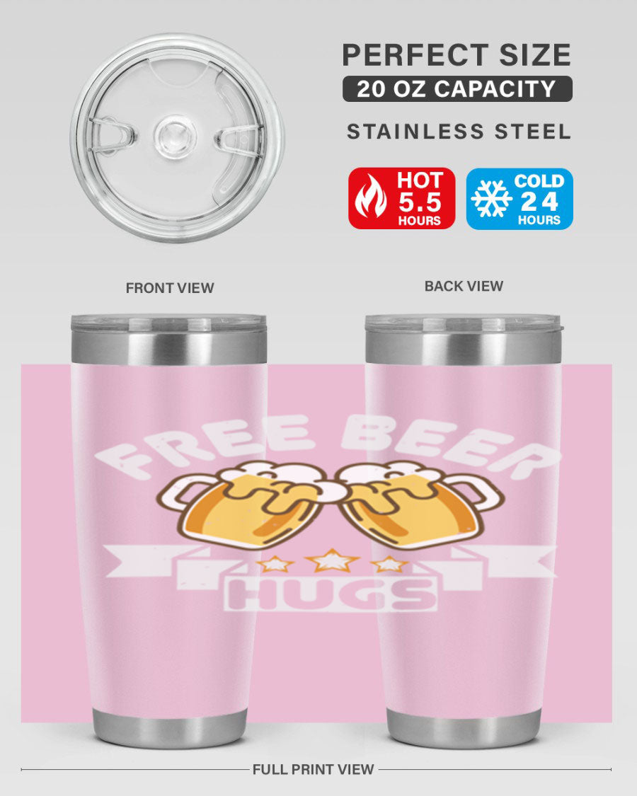 Free Beer Hugs 20oz Tumbler made of stainless steel with a drink-thru lid, showcasing its sleek design and vibrant print.