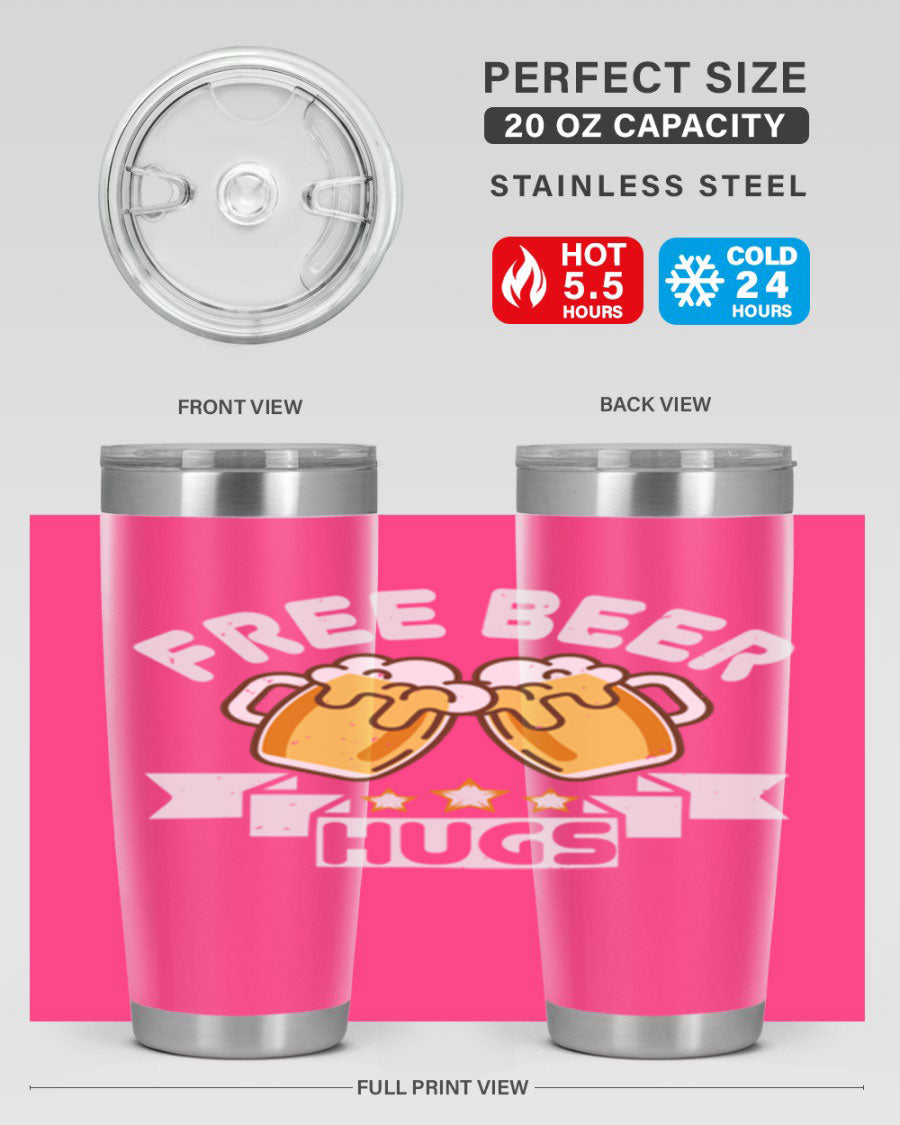 Free Beer Hugs 20oz Tumbler made of stainless steel with a drink-thru lid, showcasing its sleek design and vibrant print.