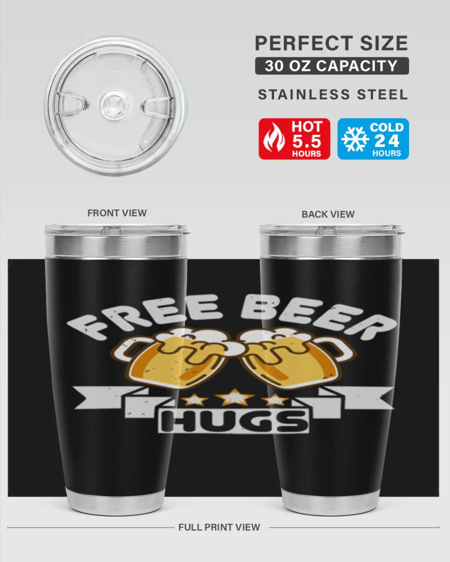 Free Beer Hugs 20oz Tumbler made of stainless steel with a drink-thru lid, showcasing its sleek design and vibrant print.