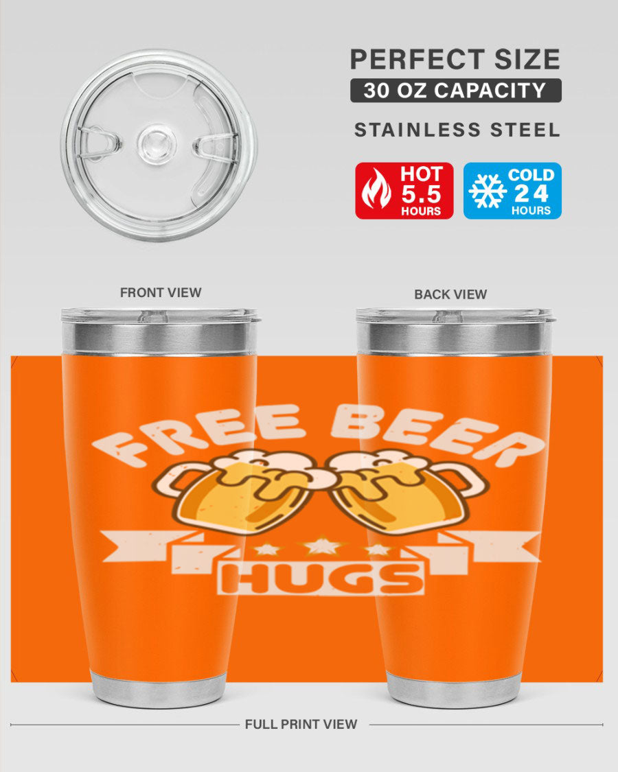 Free Beer Hugs 20oz Tumbler made of stainless steel with a drink-thru lid, showcasing its sleek design and vibrant print.