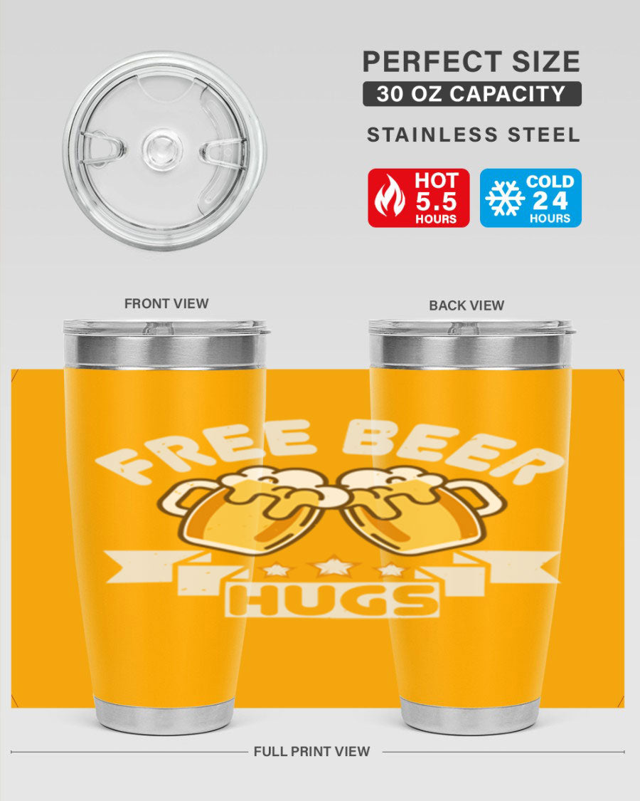 Free Beer Hugs 20oz Tumbler made of stainless steel with a drink-thru lid, showcasing its sleek design and vibrant print.