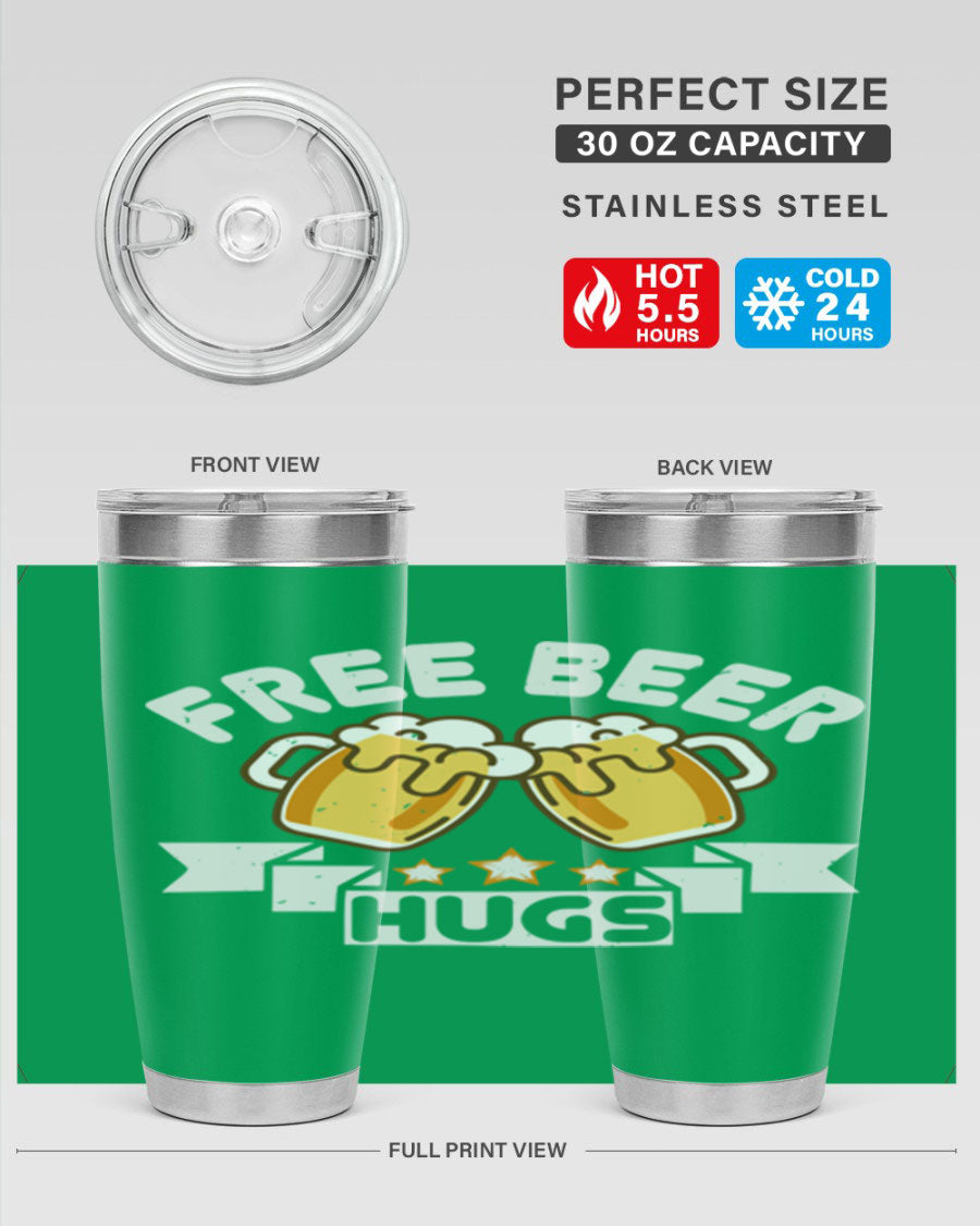 Free Beer Hugs 20oz Tumbler made of stainless steel with a drink-thru lid, showcasing its sleek design and vibrant print.