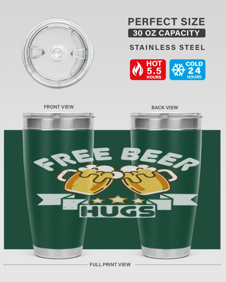 Free Beer Hugs 20oz Tumbler made of stainless steel with a drink-thru lid, showcasing its sleek design and vibrant print.