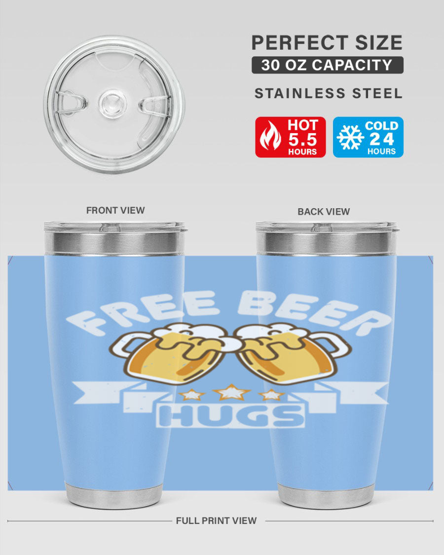 Free Beer Hugs 20oz Tumbler made of stainless steel with a drink-thru lid, showcasing its sleek design and vibrant print.