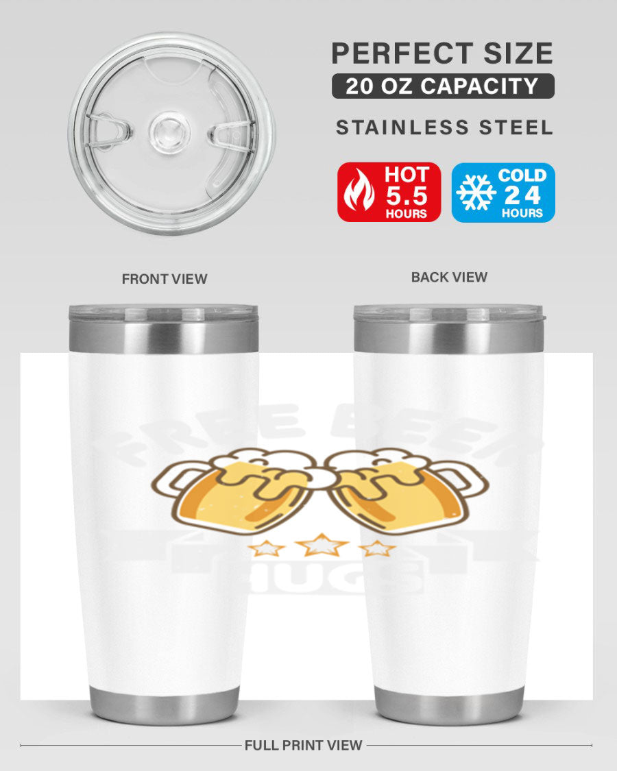 Free Beer Hugs 20oz Tumbler made of stainless steel with a drink-thru lid, showcasing its sleek design and vibrant print.