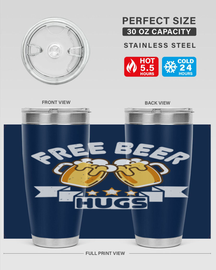 Free Beer Hugs 20oz Tumbler made of stainless steel with a drink-thru lid, showcasing its sleek design and vibrant print.