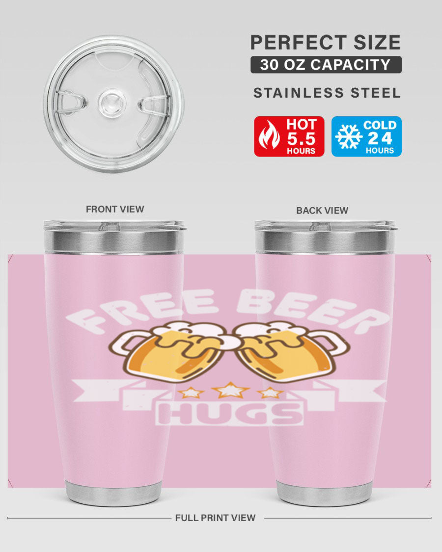 Free Beer Hugs 20oz Tumbler made of stainless steel with a drink-thru lid, showcasing its sleek design and vibrant print.