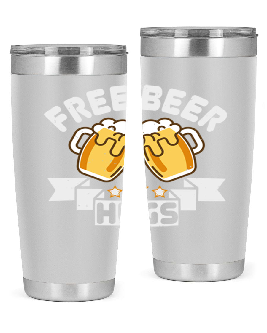 Free Beer Hugs 20oz Tumbler made of stainless steel with a drink-thru lid, showcasing its sleek design and vibrant print.