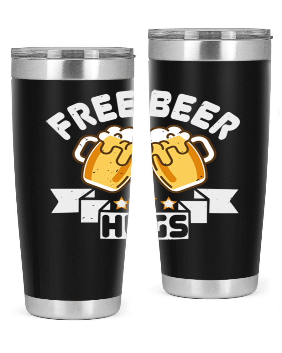 Free Beer Hugs 20oz Tumbler made of stainless steel with a drink-thru lid, showcasing its sleek design and vibrant print.