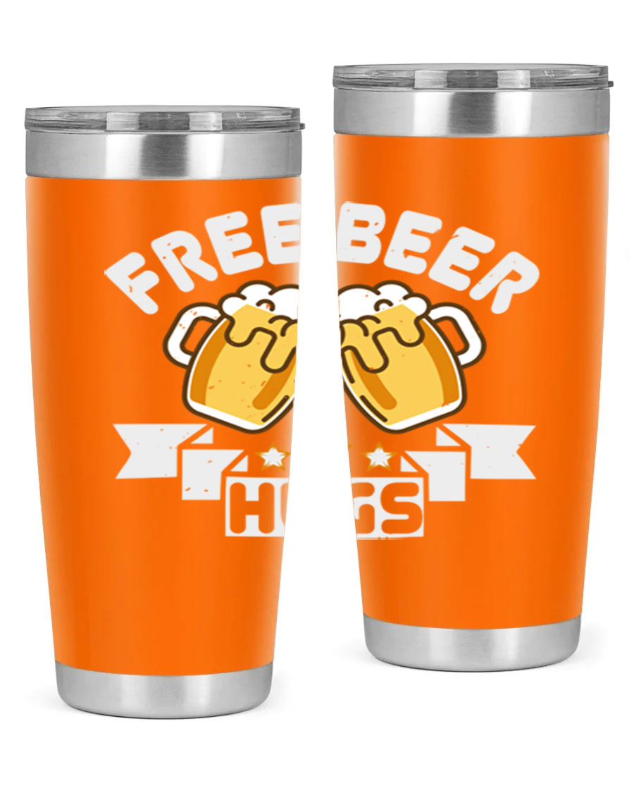 Free Beer Hugs 20oz Tumbler made of stainless steel with a drink-thru lid, showcasing its sleek design and vibrant print.