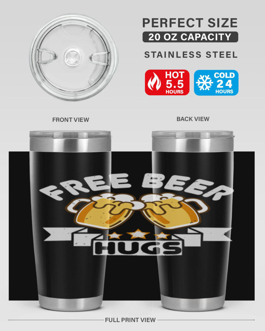Free Beer Hugs 20oz Tumbler made of stainless steel with a drink-thru lid, showcasing its sleek design and vibrant print.