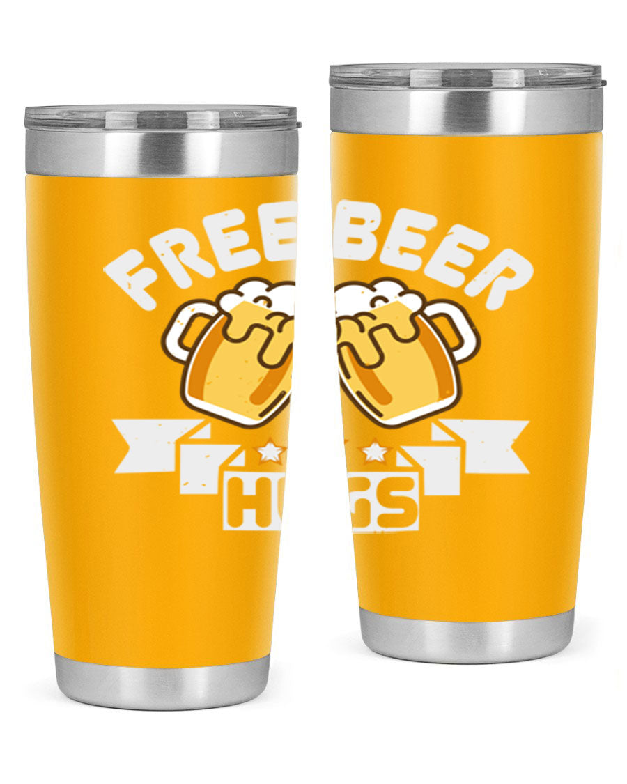 Free Beer Hugs 20oz Tumbler made of stainless steel with a drink-thru lid, showcasing its sleek design and vibrant print.