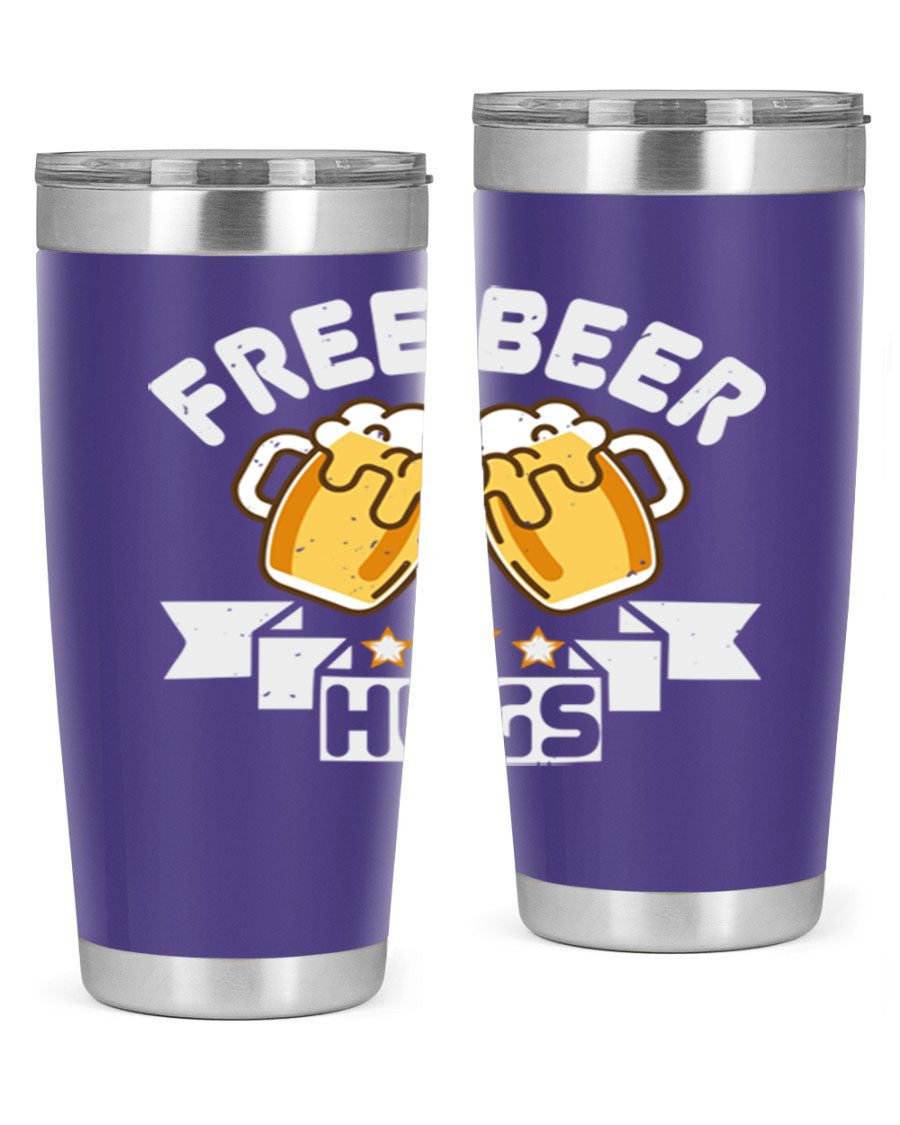 Free Beer Hugs 20oz Tumbler made of stainless steel with a drink-thru lid, showcasing its sleek design and vibrant print.