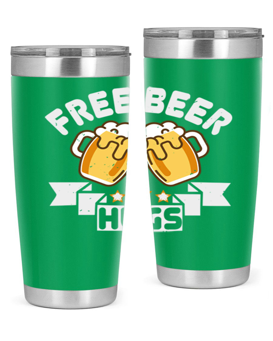 Free Beer Hugs 20oz Tumbler made of stainless steel with a drink-thru lid, showcasing its sleek design and vibrant print.