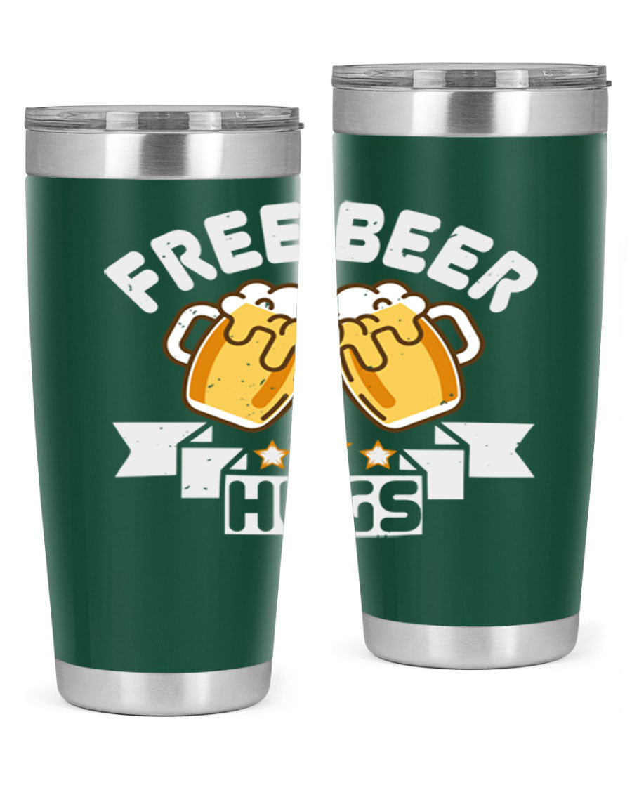 Free Beer Hugs 20oz Tumbler made of stainless steel with a drink-thru lid, showcasing its sleek design and vibrant print.