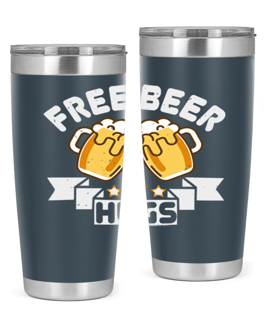 Free Beer Hugs 20oz Tumbler made of stainless steel with a drink-thru lid, showcasing its sleek design and vibrant print.