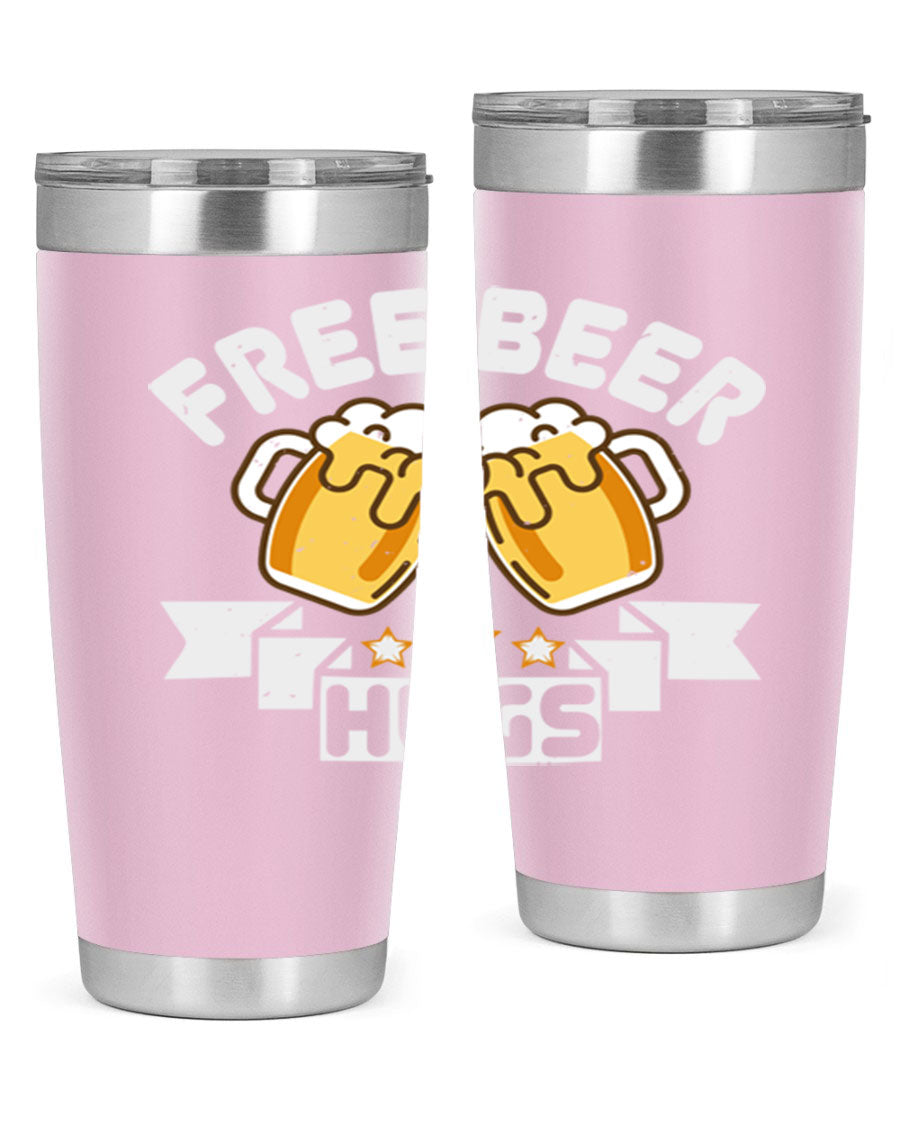 Free Beer Hugs 20oz Tumbler made of stainless steel with a drink-thru lid, showcasing its sleek design and vibrant print.