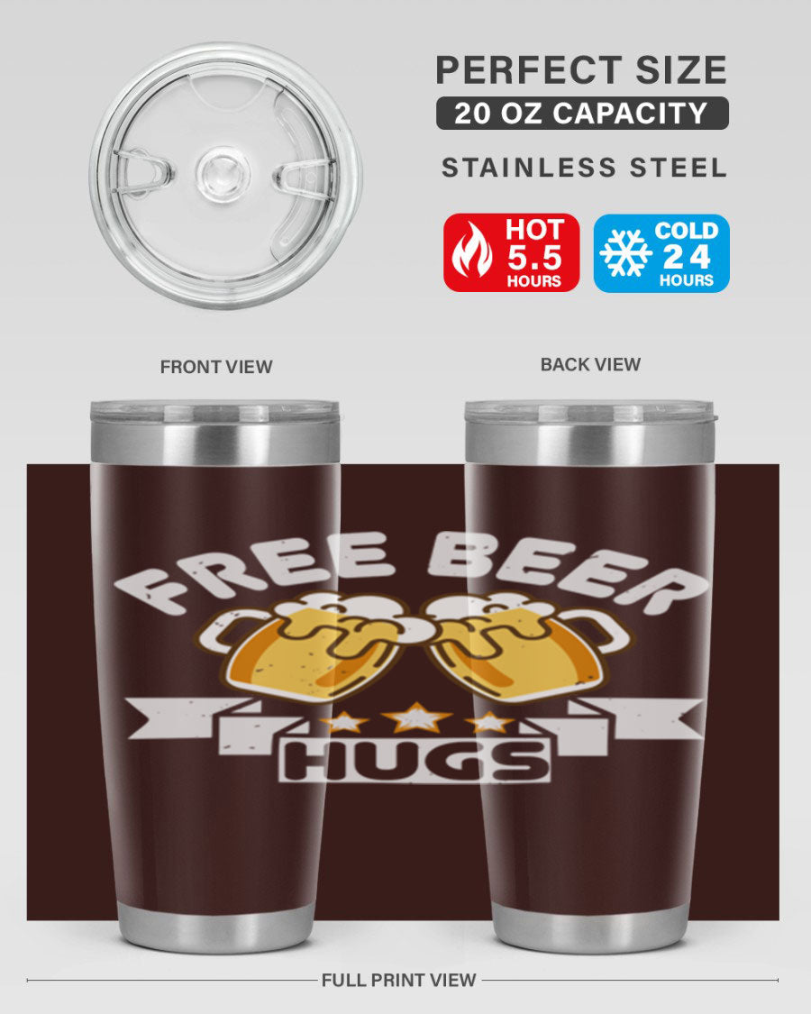 Free Beer Hugs 20oz Tumbler made of stainless steel with a drink-thru lid, showcasing its sleek design and vibrant print.