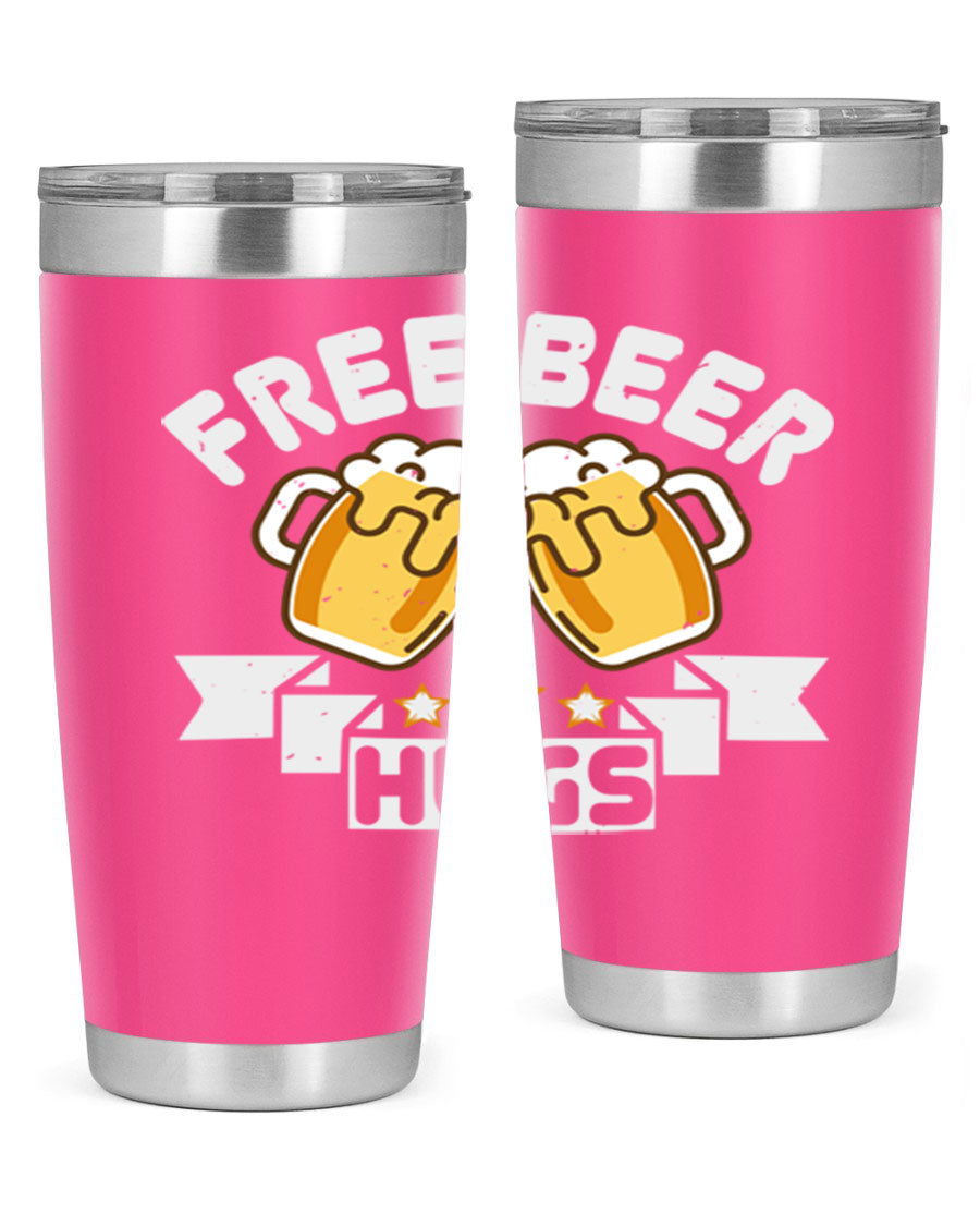 Free Beer Hugs 20oz Tumbler made of stainless steel with a drink-thru lid, showcasing its sleek design and vibrant print.
