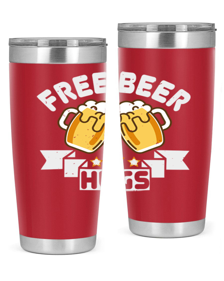 Free Beer Hugs 20oz Tumbler made of stainless steel with a drink-thru lid, showcasing its sleek design and vibrant print.