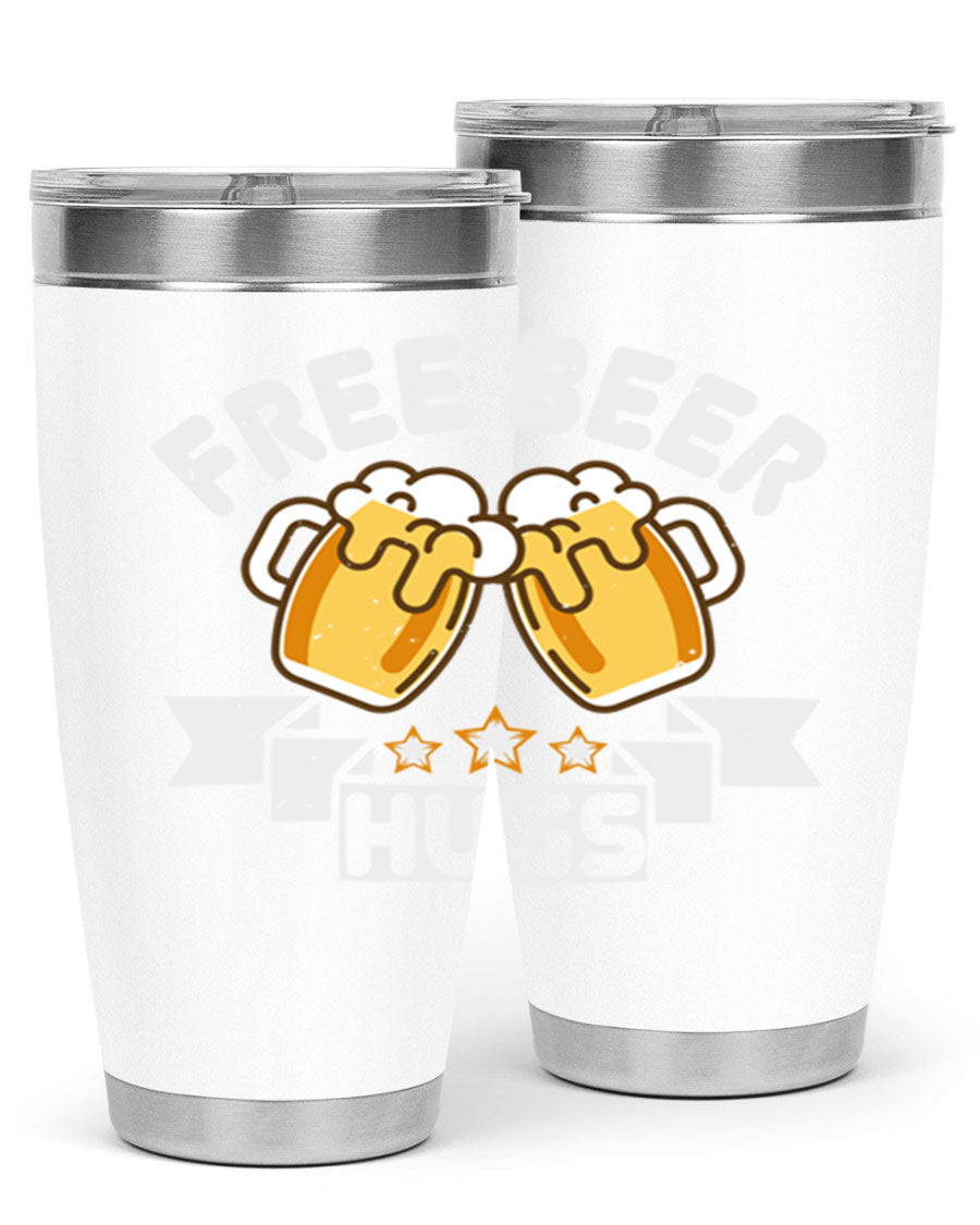 Free Beer Hugs 20oz Tumbler made of stainless steel with a drink-thru lid, showcasing its sleek design and vibrant print.