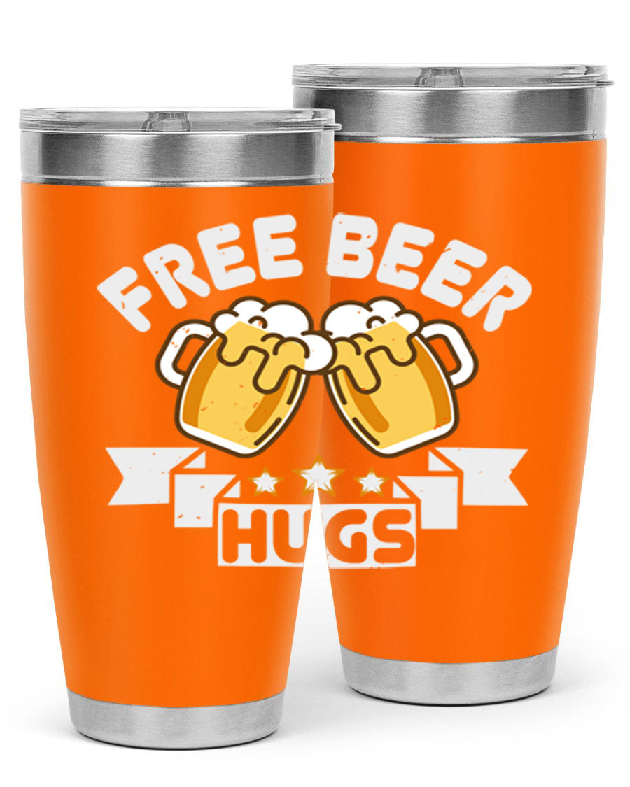 Free Beer Hugs 20oz Tumbler made of stainless steel with a drink-thru lid, showcasing its sleek design and vibrant print.