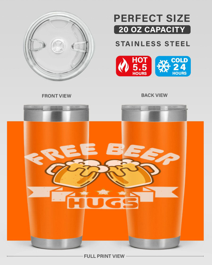 Free Beer Hugs 20oz Tumbler made of stainless steel with a drink-thru lid, showcasing its sleek design and vibrant print.