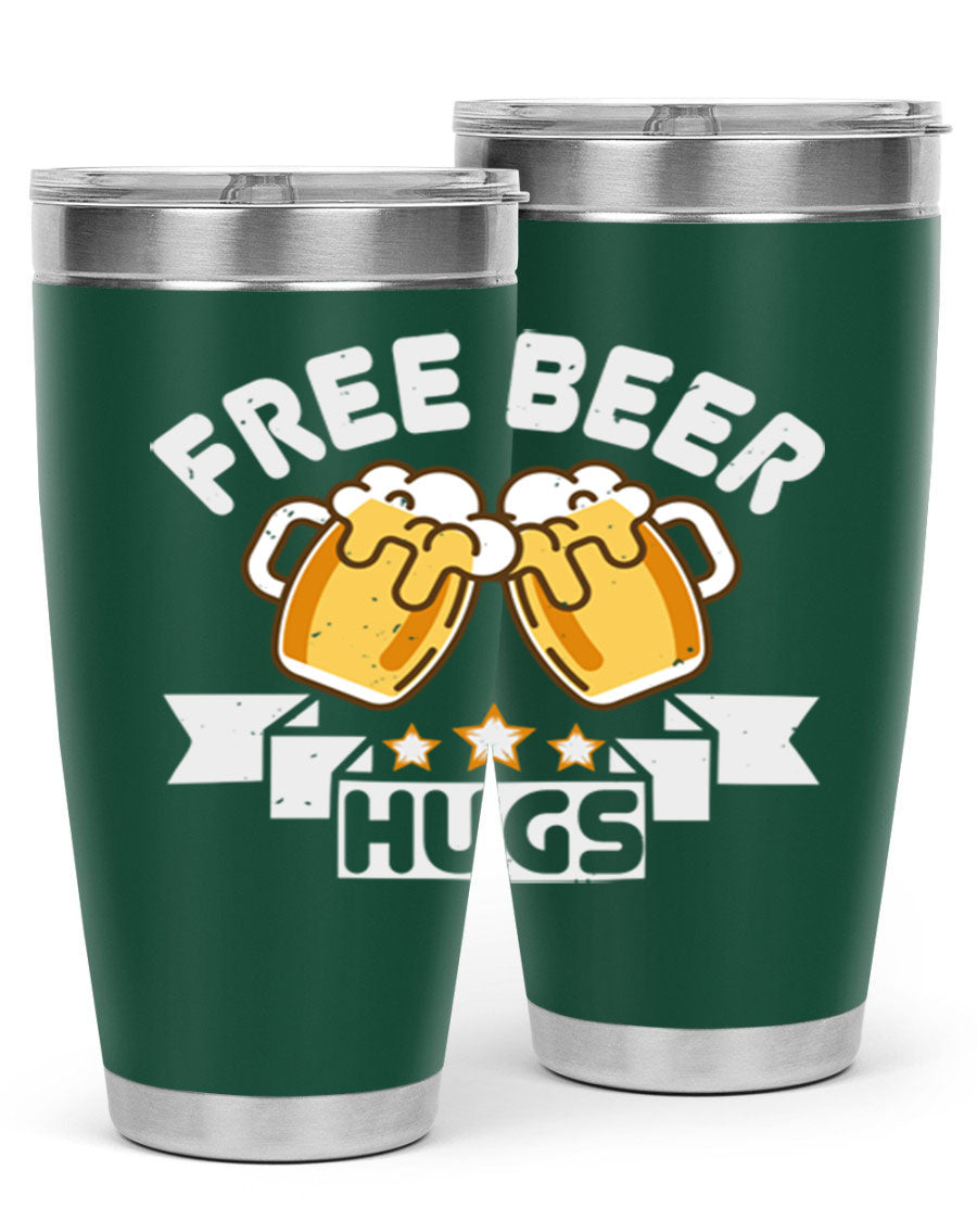 Free Beer Hugs 20oz Tumbler made of stainless steel with a drink-thru lid, showcasing its sleek design and vibrant print.