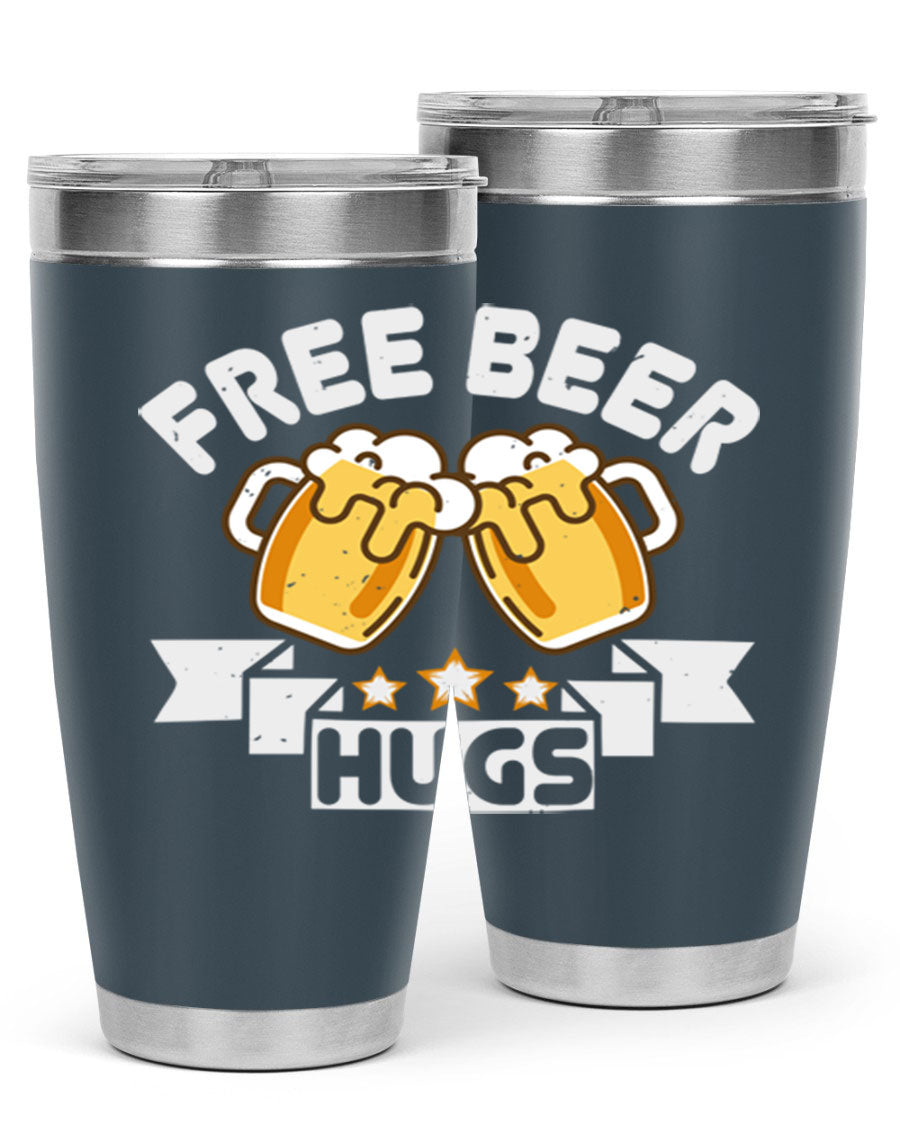 Free Beer Hugs 20oz Tumbler made of stainless steel with a drink-thru lid, showcasing its sleek design and vibrant print.