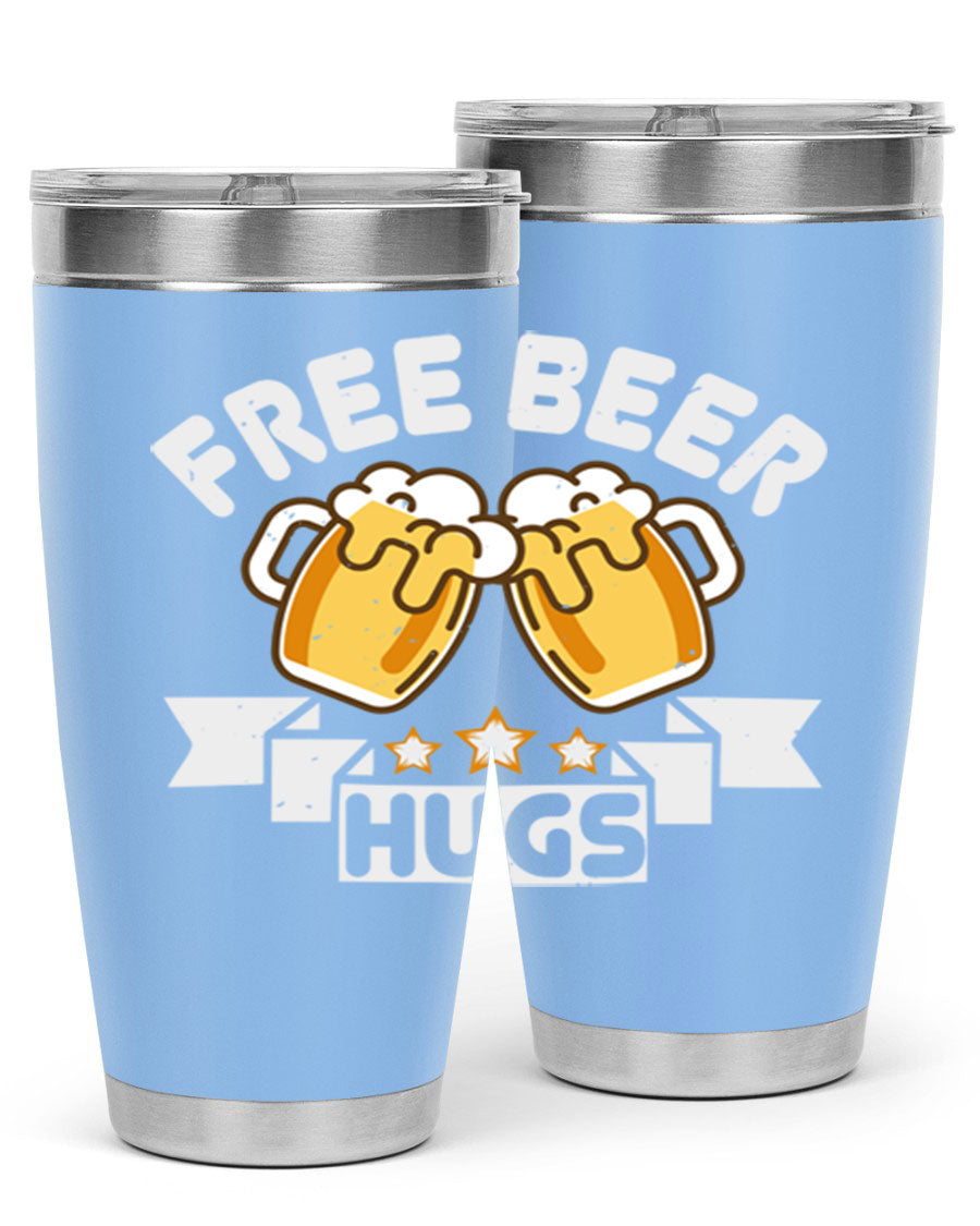 Free Beer Hugs 20oz Tumbler made of stainless steel with a drink-thru lid, showcasing its sleek design and vibrant print.