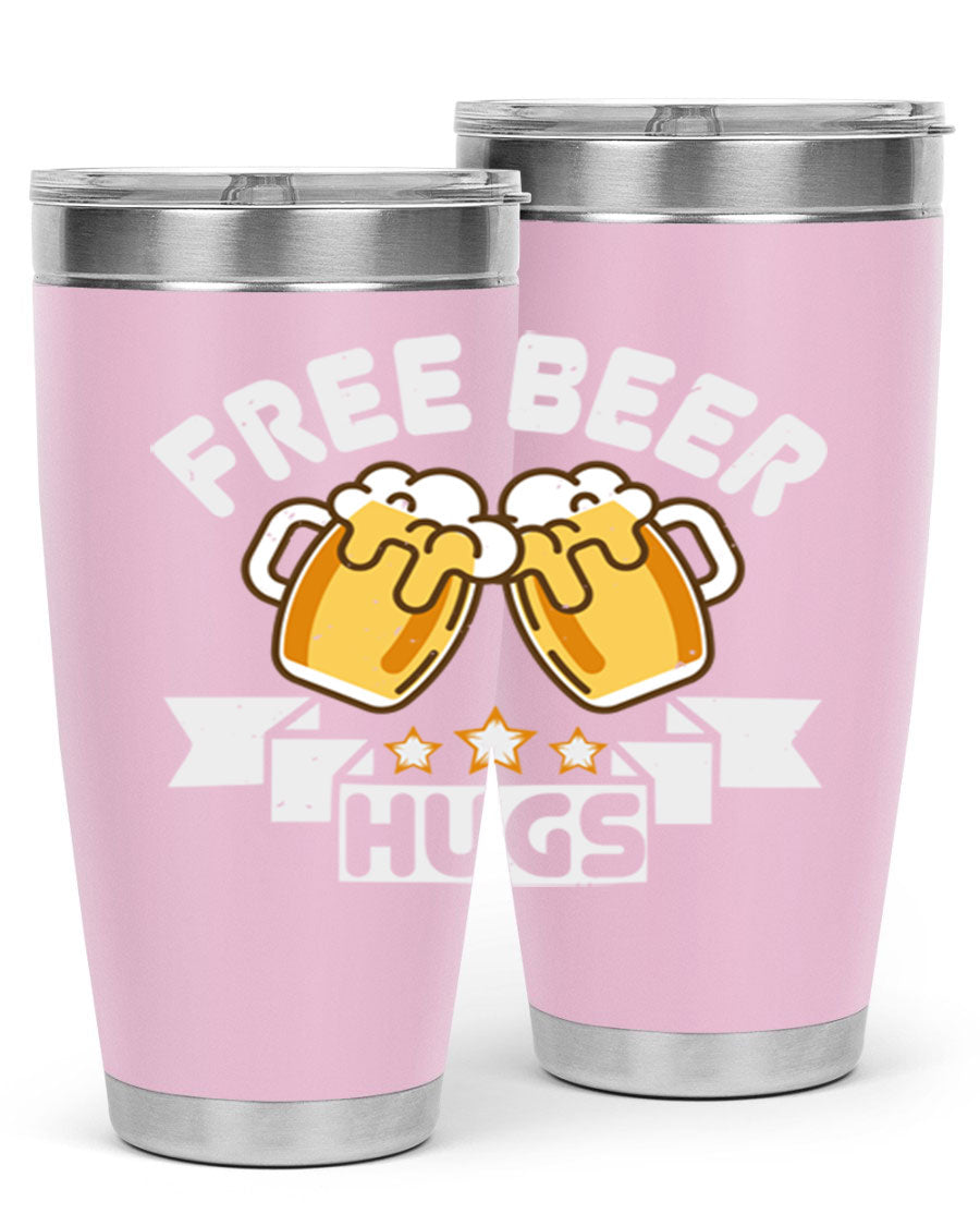 Free Beer Hugs 20oz Tumbler made of stainless steel with a drink-thru lid, showcasing its sleek design and vibrant print.