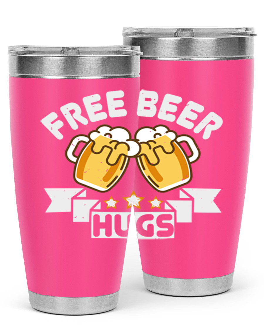 Free Beer Hugs 20oz Tumbler made of stainless steel with a drink-thru lid, showcasing its sleek design and vibrant print.