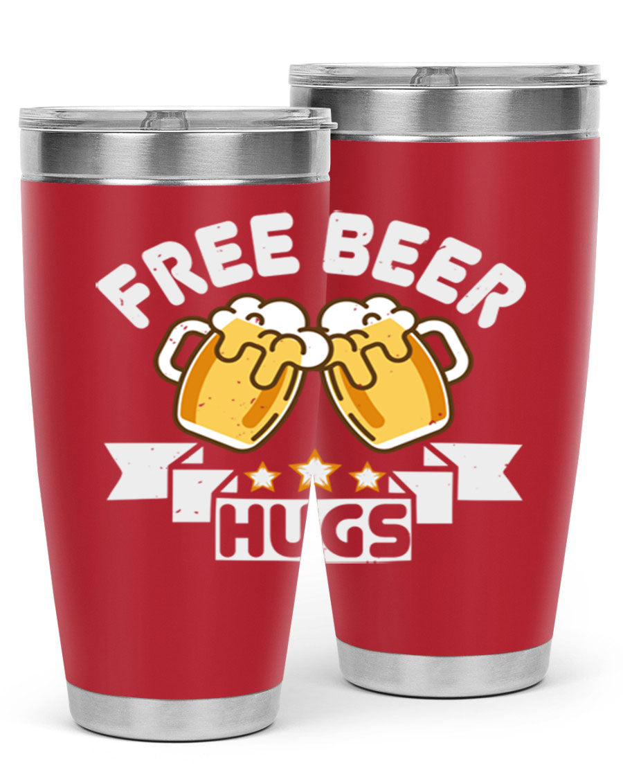 Free Beer Hugs 20oz Tumbler made of stainless steel with a drink-thru lid, showcasing its sleek design and vibrant print.