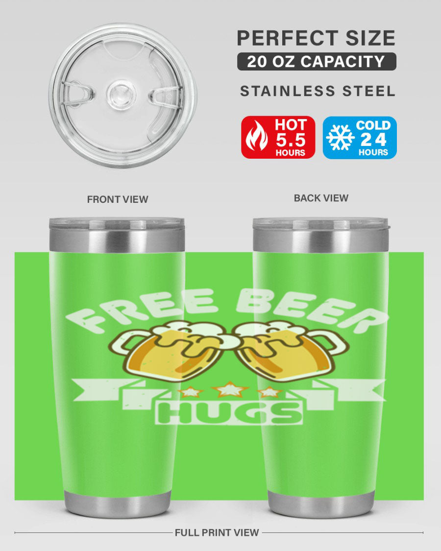 Free Beer Hugs 20oz Tumbler made of stainless steel with a drink-thru lid, showcasing its sleek design and vibrant print.