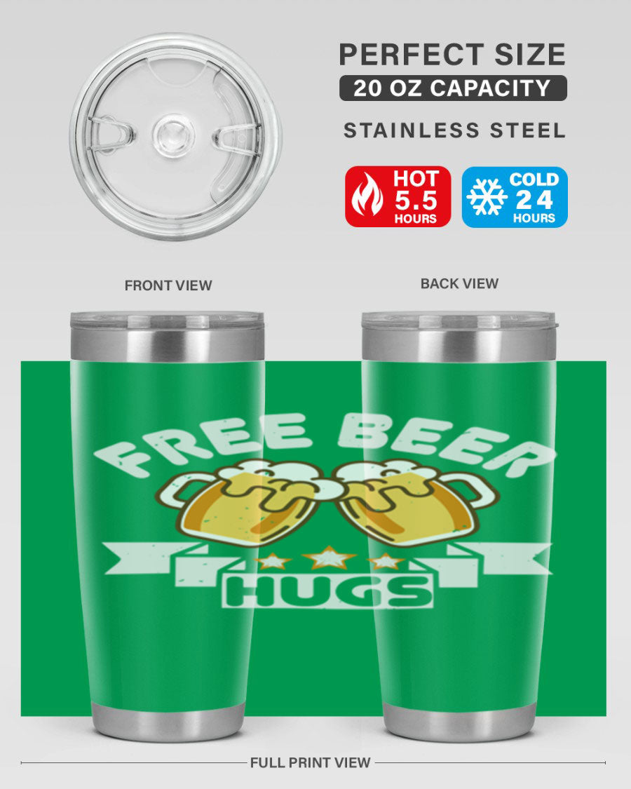 Free Beer Hugs 20oz Tumbler made of stainless steel with a drink-thru lid, showcasing its sleek design and vibrant print.