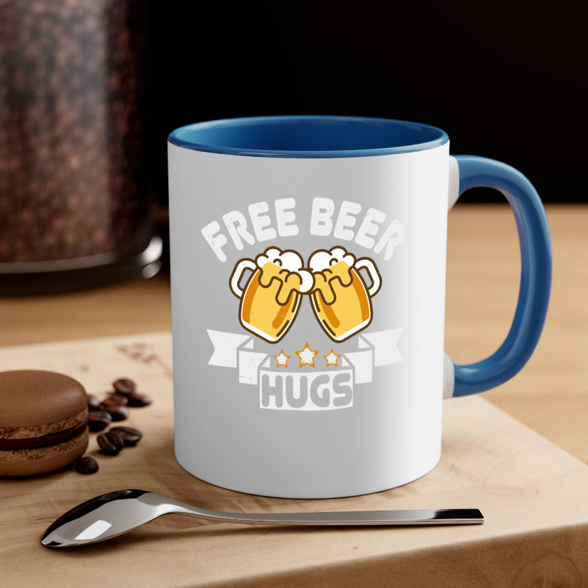 Free Beer Hugs 88# Mug with colorful handle and glossy finish, available in multiple sizes.