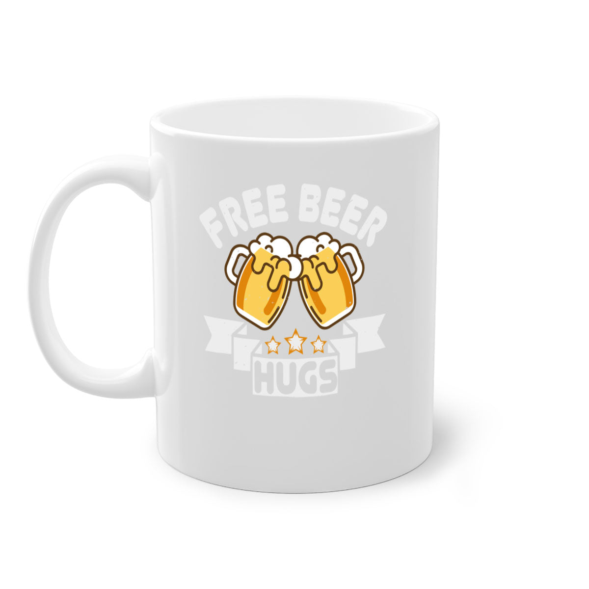 Free Beer Hugs 88# Mug with colorful handle and glossy finish, available in multiple sizes.