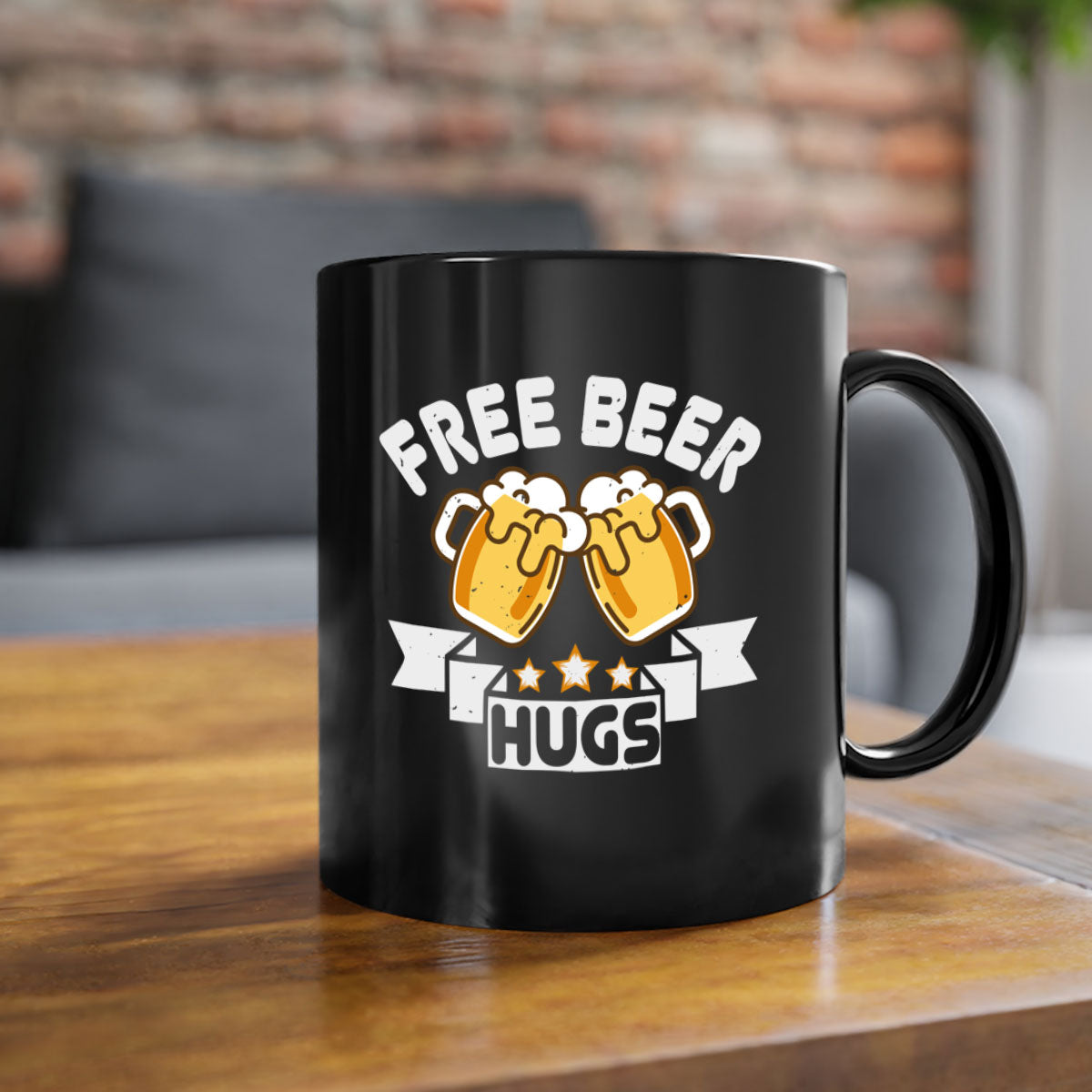 Free Beer Hugs 88# Mug with colorful handle and glossy finish, available in multiple sizes.