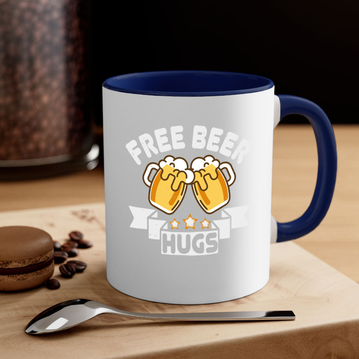Free Beer Hugs 88# Mug with colorful handle and glossy finish, available in multiple sizes.
