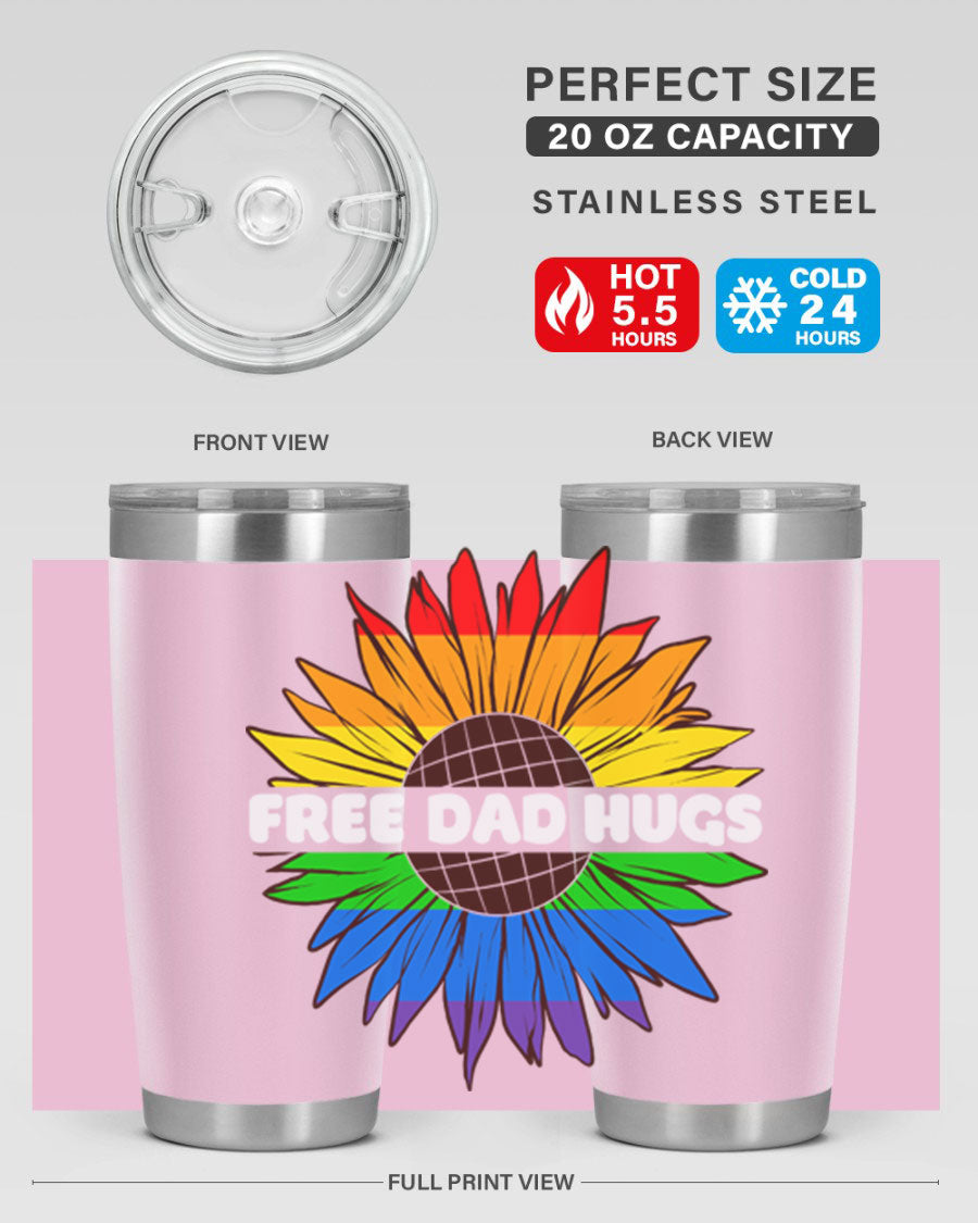 Free Dad Hugs Pride LGBT tumbler in stainless steel with colorful design, perfect for hot and cold beverages.