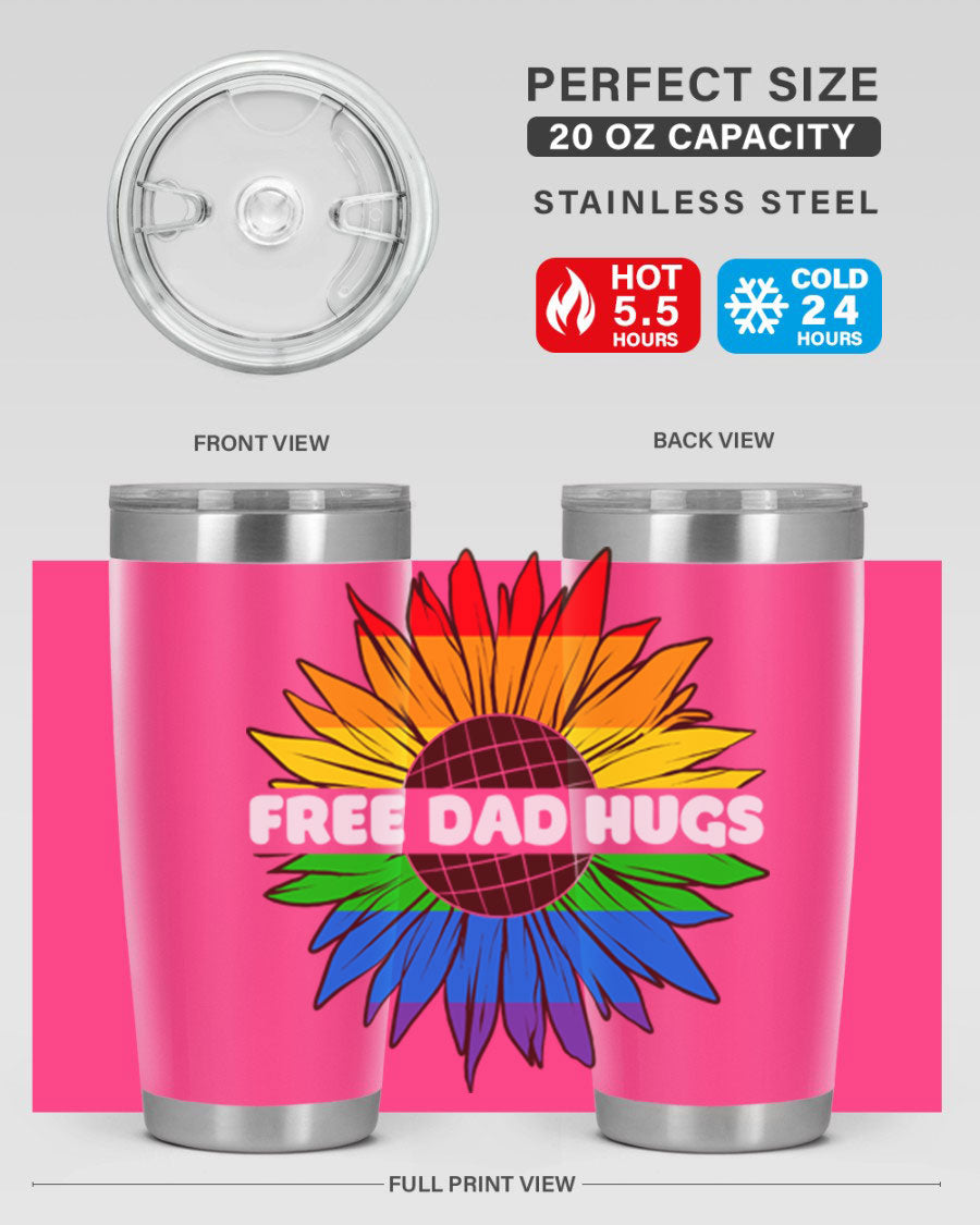 Free Dad Hugs Pride LGBT tumbler in stainless steel with colorful design, perfect for hot and cold beverages.